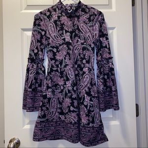 Black/Purple Paisley Pattern Long Sleeve Dress S